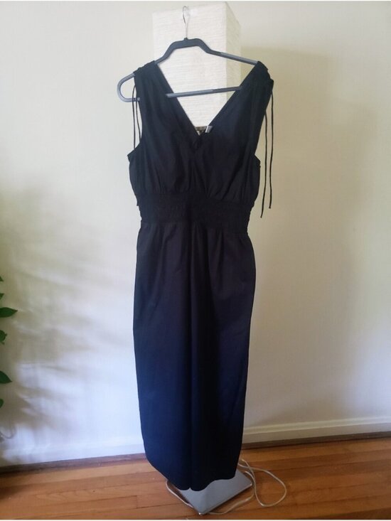 Old Navy Dresses & Skirts - Old Navy Black Cotton Smocked Midi Dress Large L Tie Shoulder Casual Summer Sun